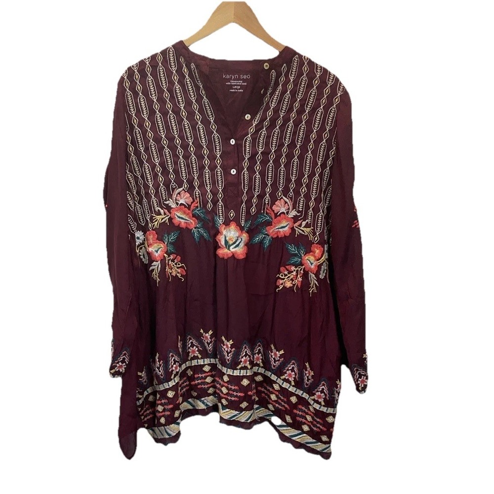 KARYN SEO Burgundy Flowing Embroidered Wearable Art Tunic Size L Boho Tunic